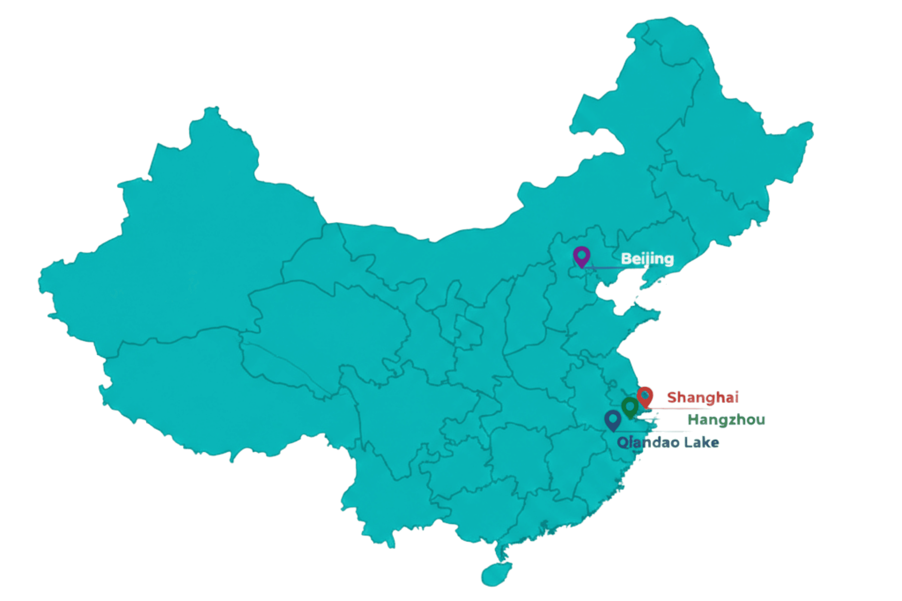 China Map showing Beijing, Shanghai, Hangzhou, and Qiandao Lake